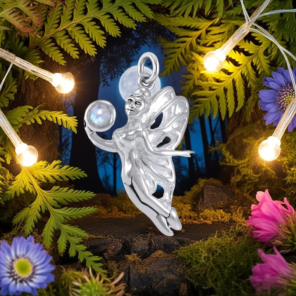 Fairy holding Rainbow Moonstone Sterling Silver Pendant